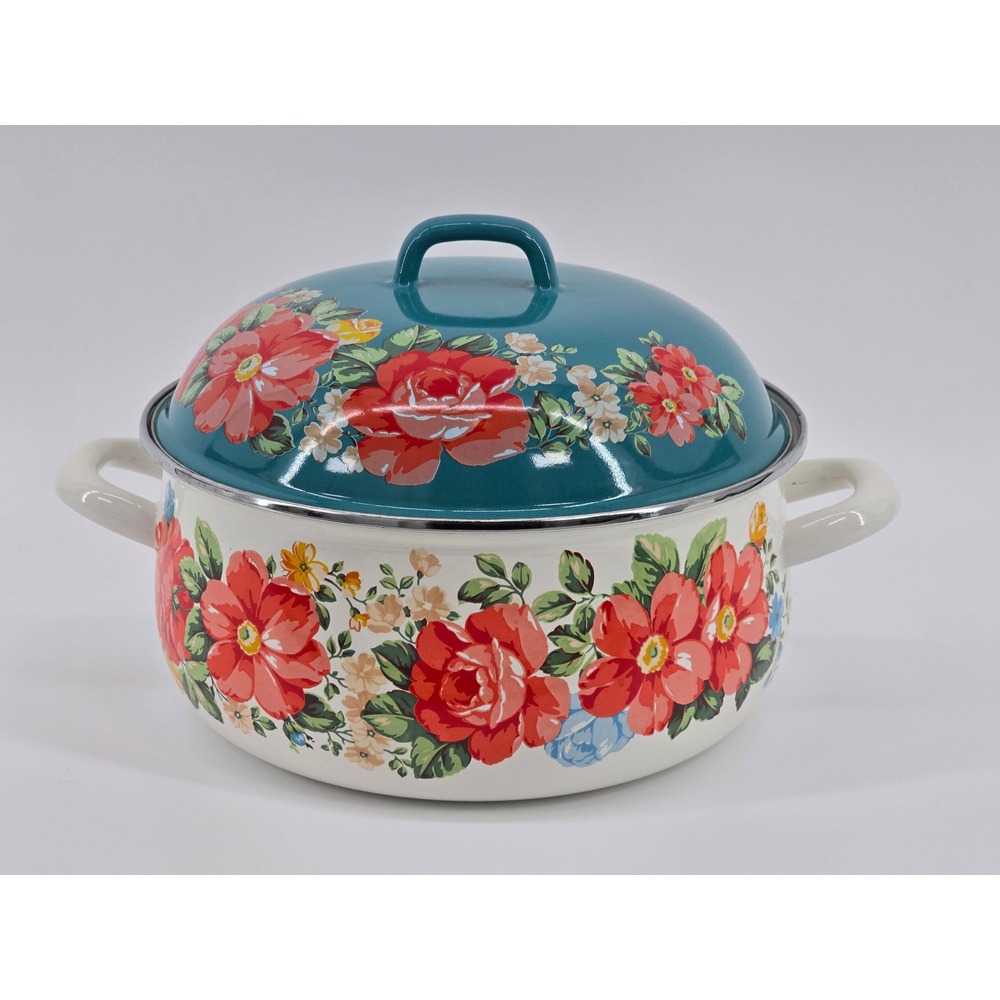 Pioneer Woman Breezy Blossom 4Qt Enamel Dutch Oven Pot Teal Lid HTF Discontinued